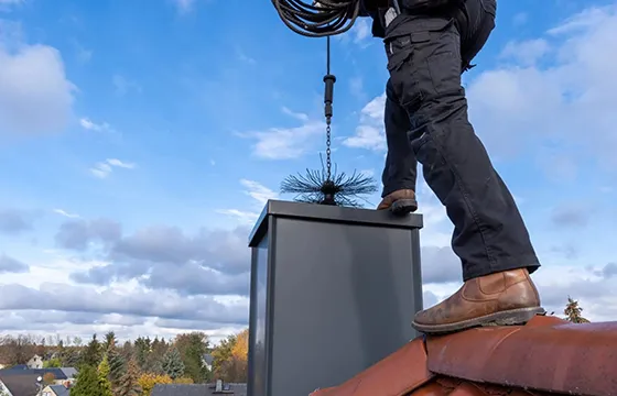 A chimney sweep is on the roof cleaning the chimney with tool.