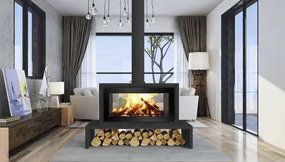 Modern living room featuring a stylish custom fireplace with logs, creating a cozy atmosphere.