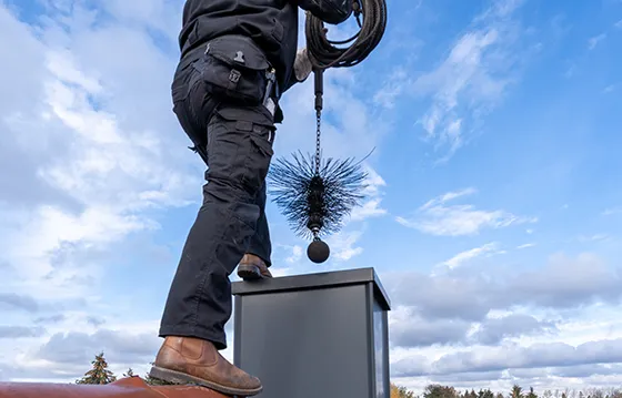 Chimney sweeps cleaning a chimney with a brush against a clear blue sky