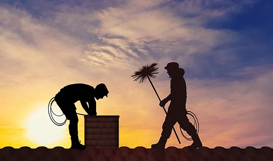 Workers cleaning a chimney at sunset are shown as silhouettes, ensuring it's safe and working well.